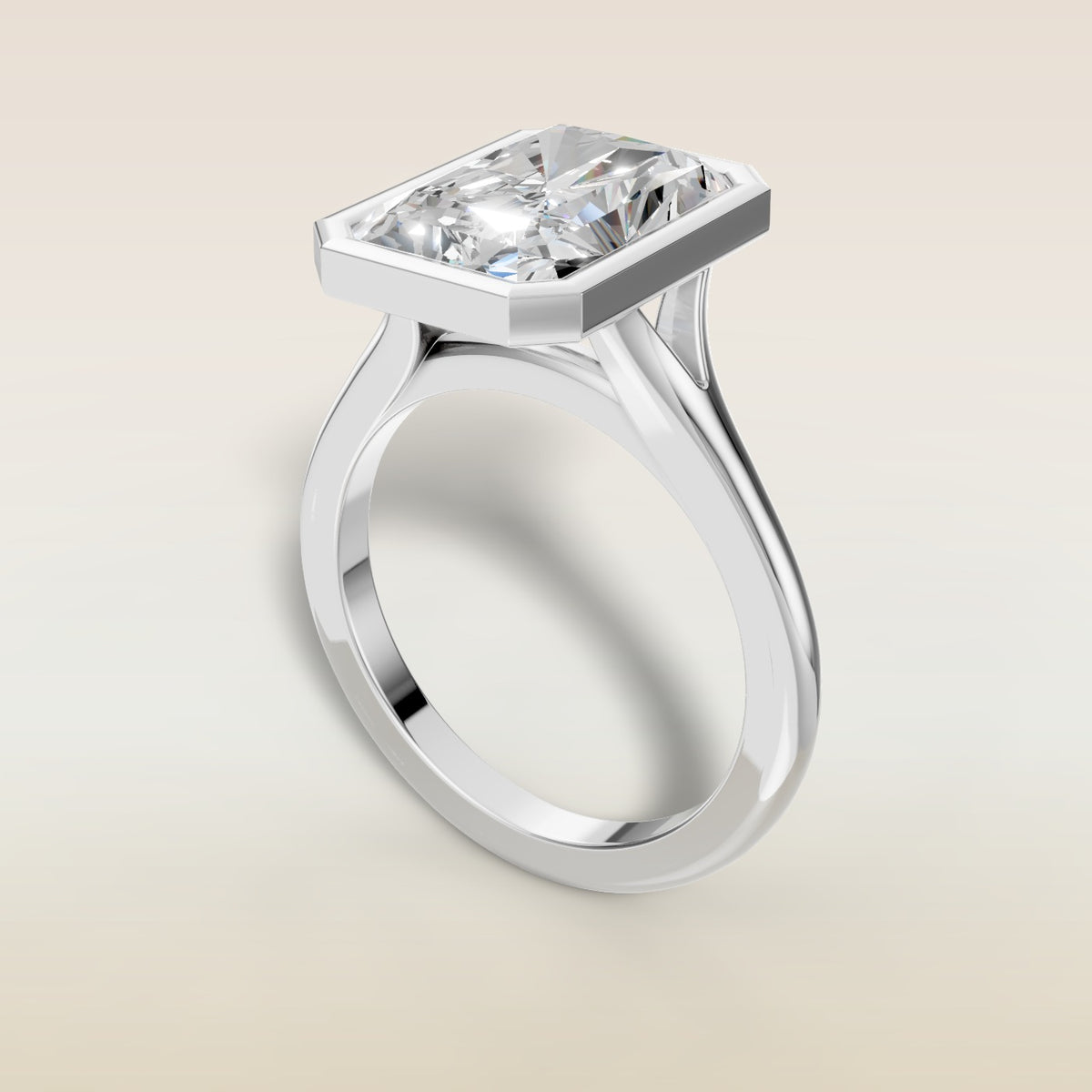 Radiant Full Bezel Split Shank engagement ring in white gold, angled view