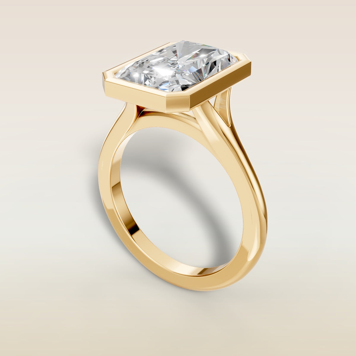 Radiant Full Bezel Split Shank engagement ring in yellow gold, angled view