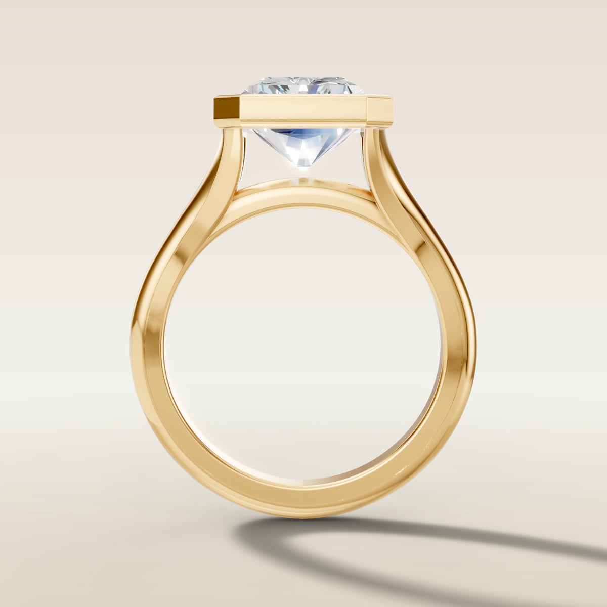 Radiant Full Bezel Split Shank engagement ring in yellow gold, front view