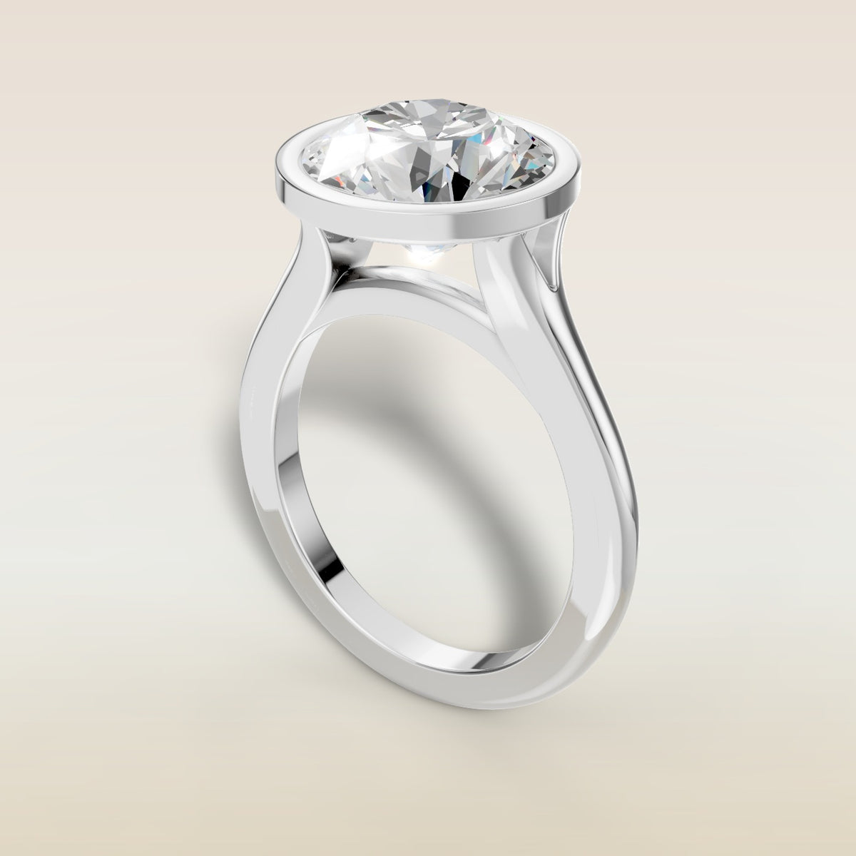 Round Full Bezel Split Shank engagement ring in white gold, angled view