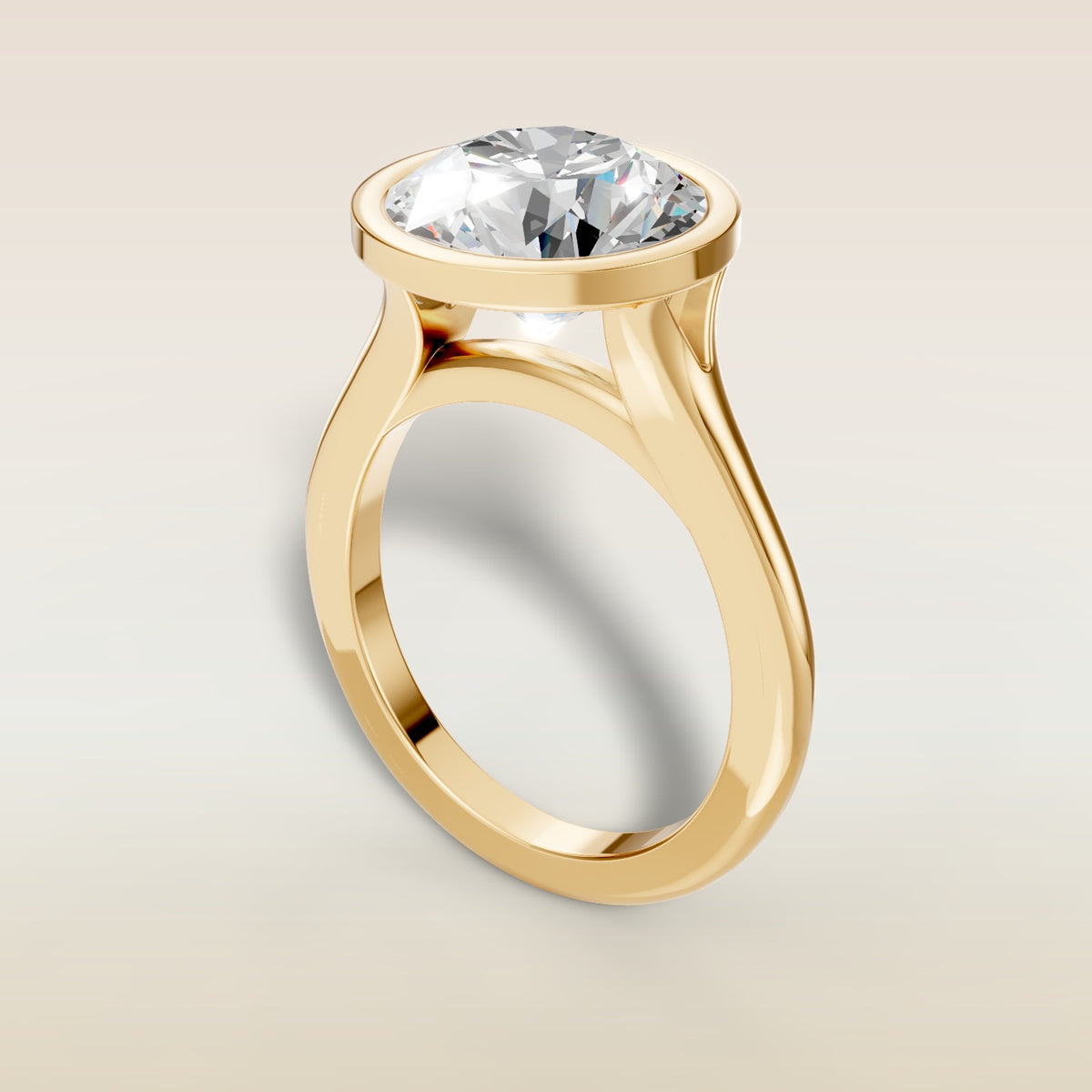 Round Full Bezel Split Shank engagement ring in yellow gold, angled view