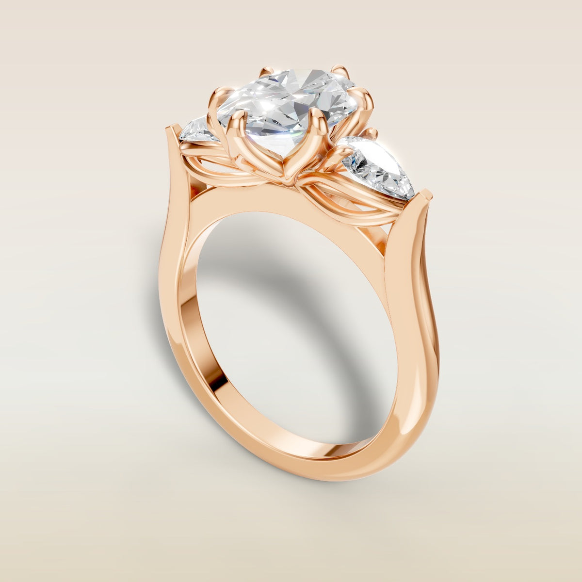 Oval Six Petal Tulip Three Stone engagement ring in rose gold, angled view
