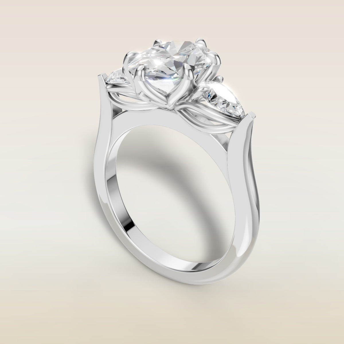 Oval Six Petal Tulip Three Stone engagement ring in white gold, angled view