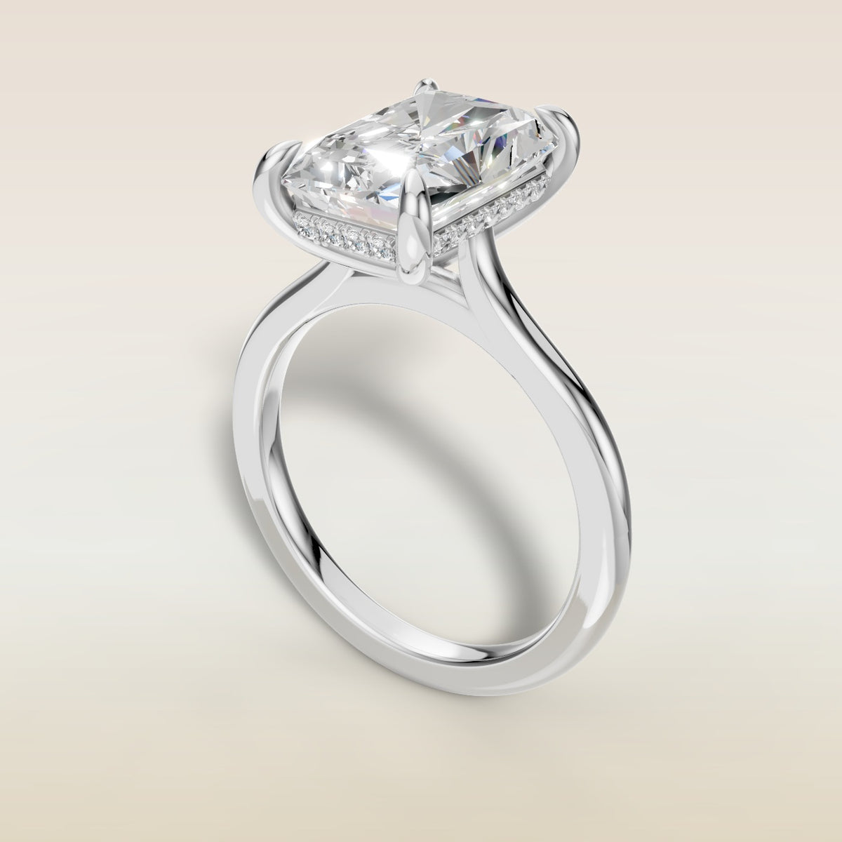 Radiant Hidden Halo Cathedral engagement ring in white gold, angled view