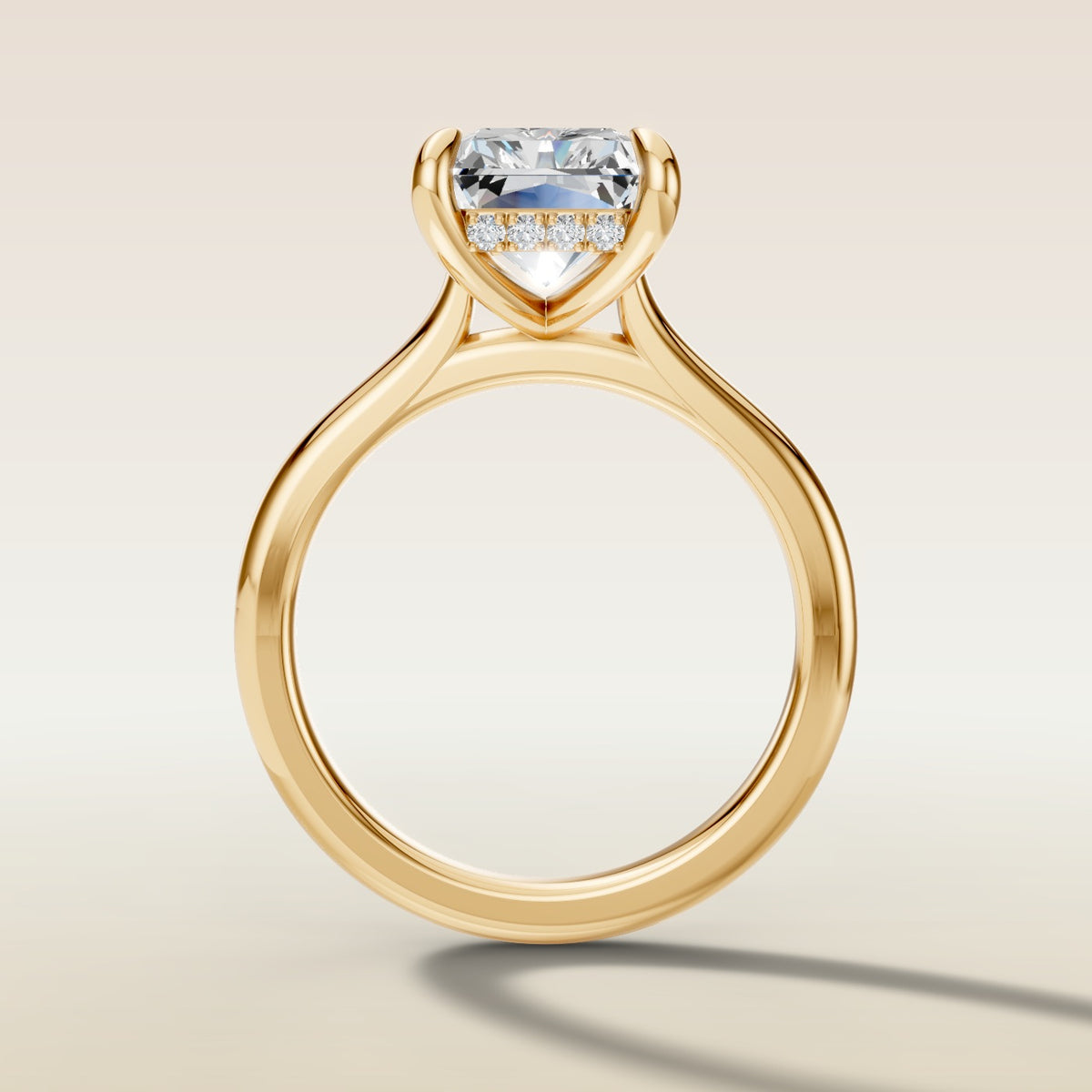 Radiant Hidden Halo Cathedral engagement ring in yellow gold, front view