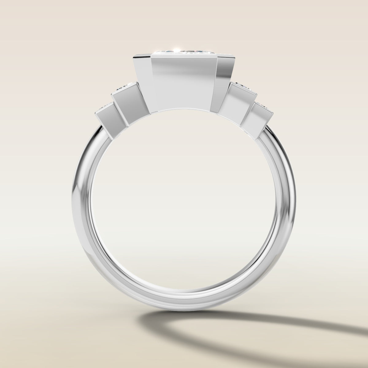 Emerald Five Stone Full Bezel engagement ring in white gold, front view