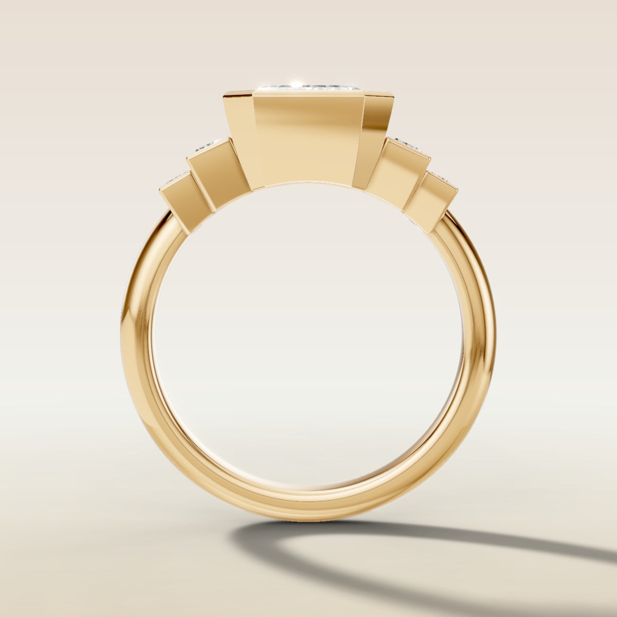 Emerald Five Stone Full Bezel engagement ring in yellow gold, front view