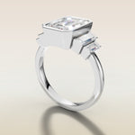 Emerald Five Stone Full Bezel engagement ring in white gold, angled side view
