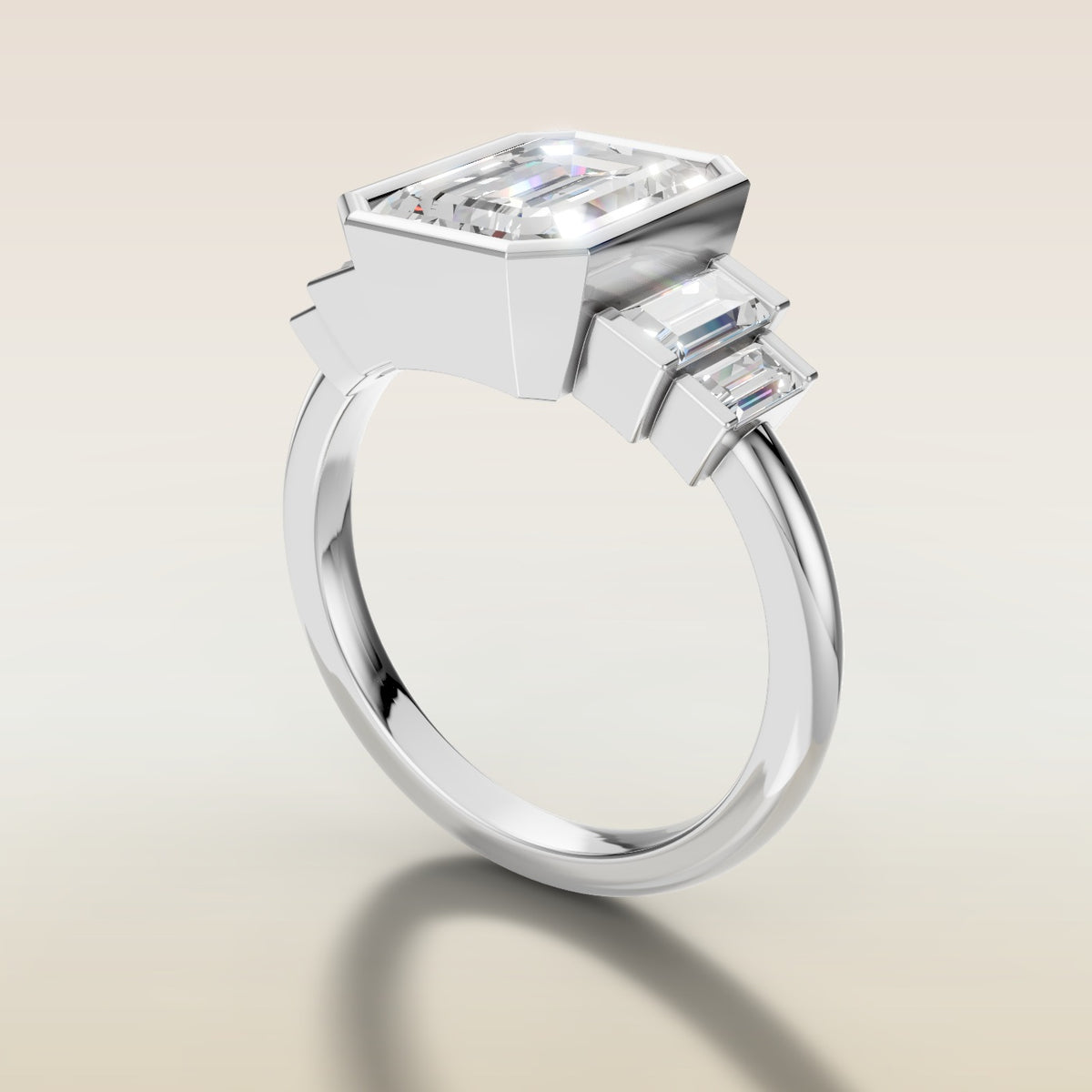 Emerald Five Stone Full Bezel engagement ring in white gold, angled side view
