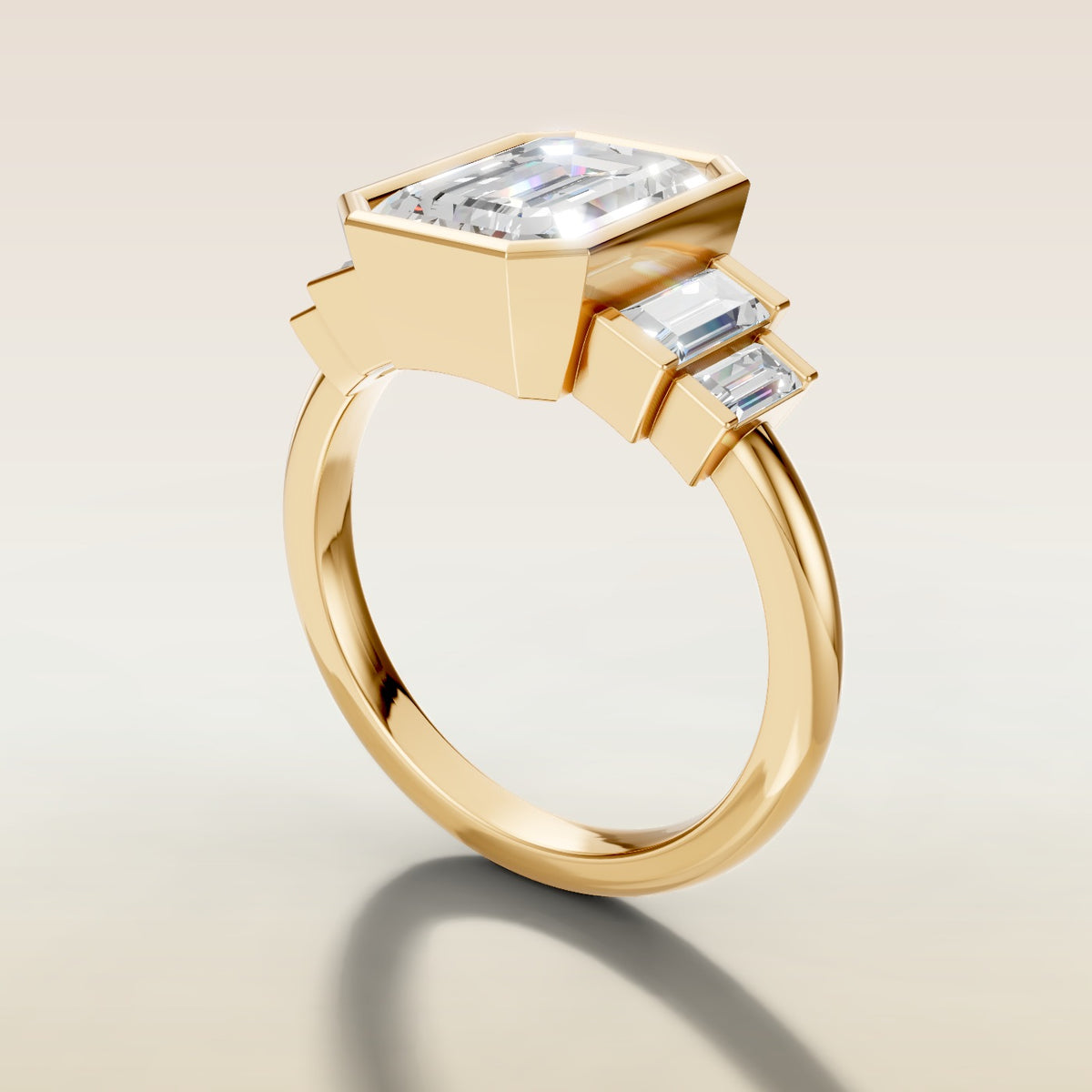 Emerald Five Stone Full Bezel engagement ring in yellow gold, angled side view