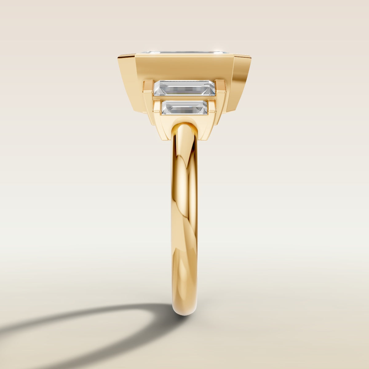 Emerald Five Stone Full Bezel engagement ring in yellow gold, side profile