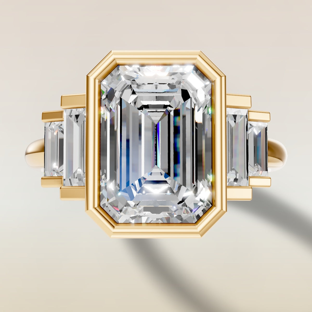 Emerald Five Stone Full Bezel engagement ring in yellow gold, top view