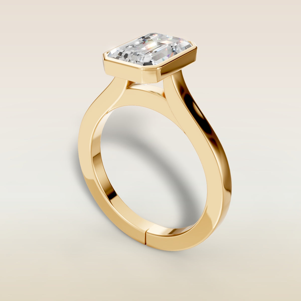 Emerald Full Bezel Cathedral engagement ring in gold, back angle