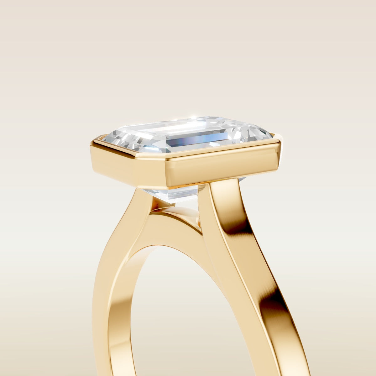 Emerald Full Bezel Cathedral engagement ring in gold, basket close up