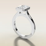 Emerald Full Bezel Cathedral engagement ring in white gold, angled side view