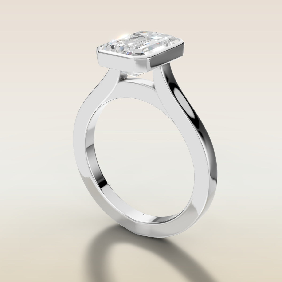 Emerald Full Bezel Cathedral engagement ring in white gold, angled side view