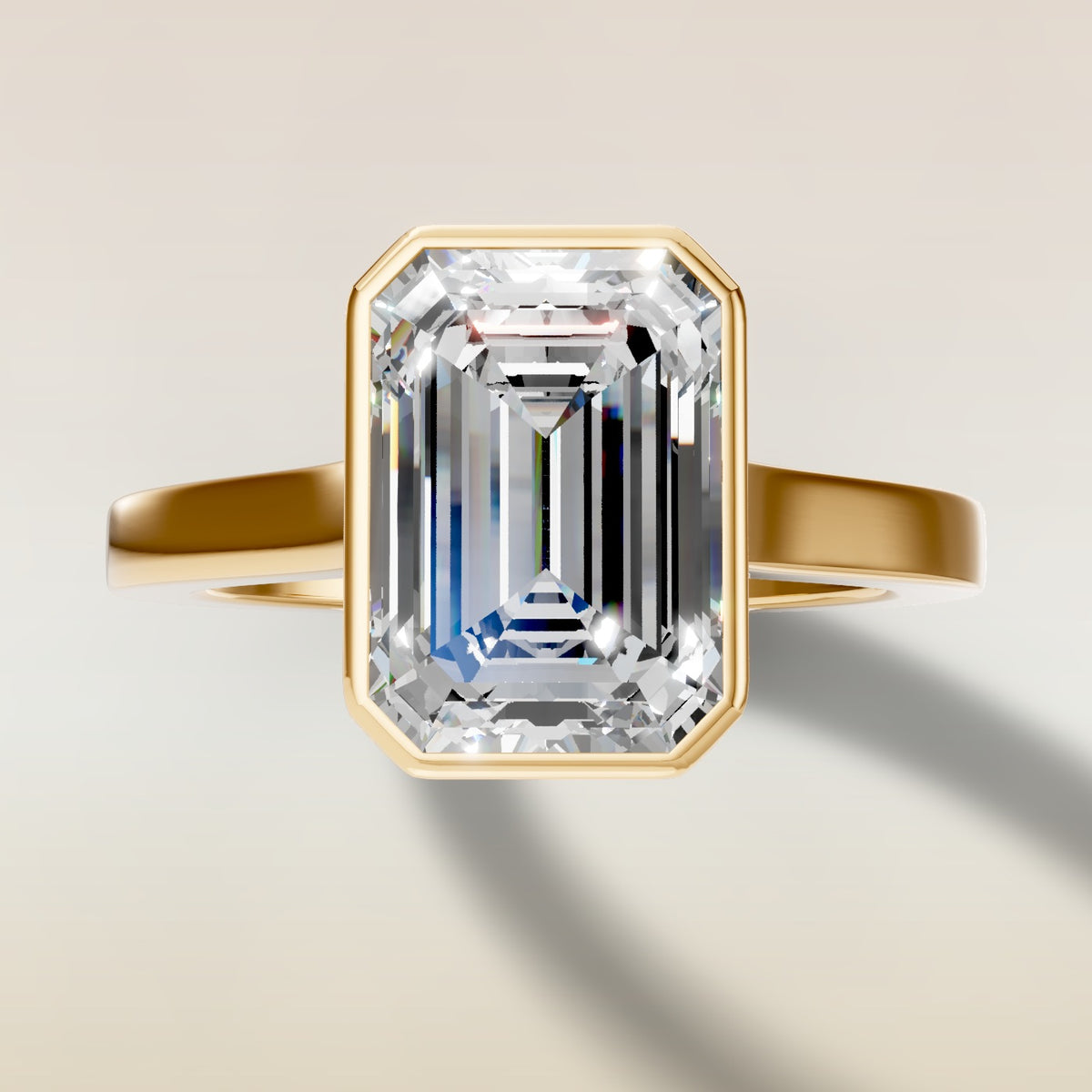 Emerald Full Bezel Cathedral engagement ring in gold, top view