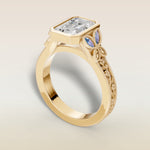 Emerald Full Bezel Floral Engraved engagement ring in yellow gold, back angle