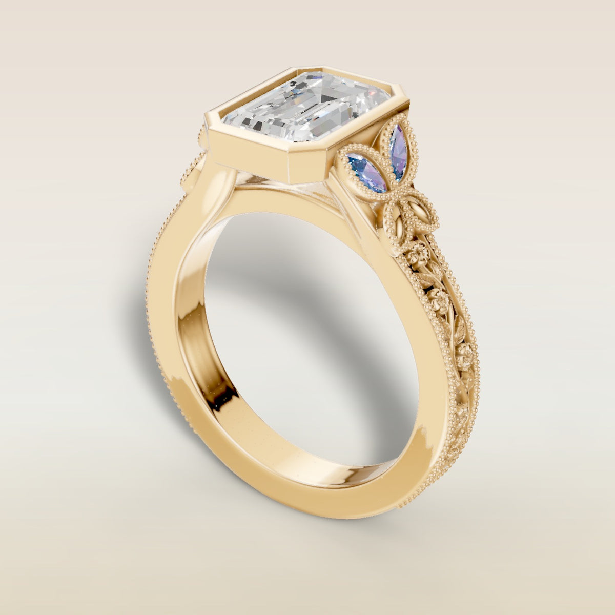 Emerald Full Bezel Floral Engraved engagement ring in yellow gold, back angle