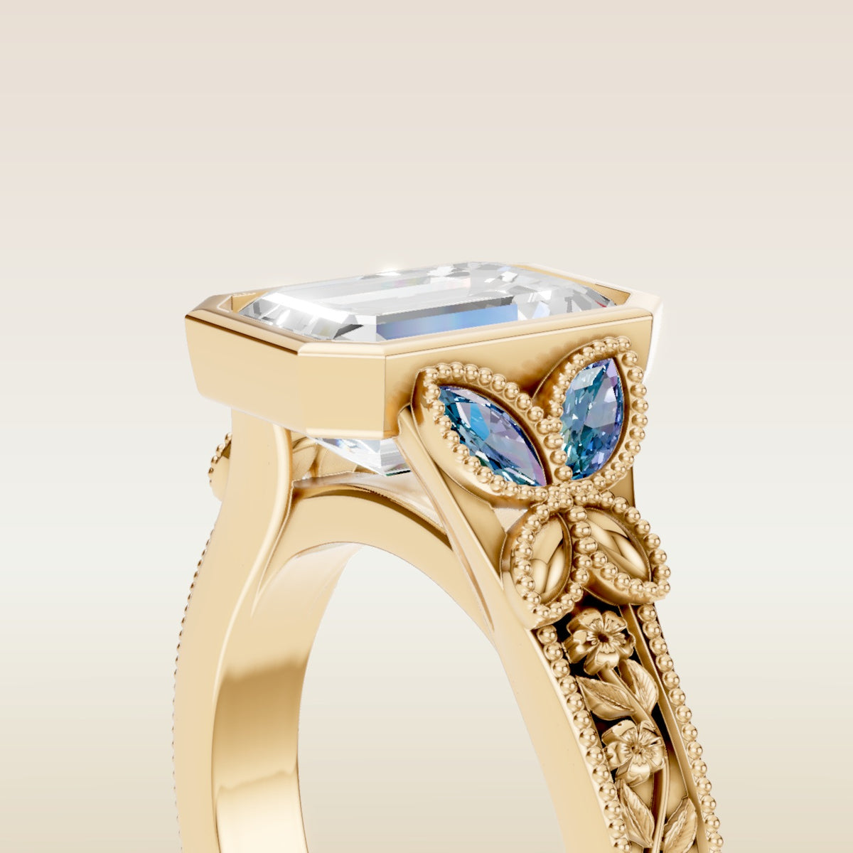 Emerald Full Bezel Floral Engraved engagement ring in yellow gold, basket close up