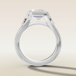 Emerald Full Bezel Floral Engraved engagement ring in white gold, front view