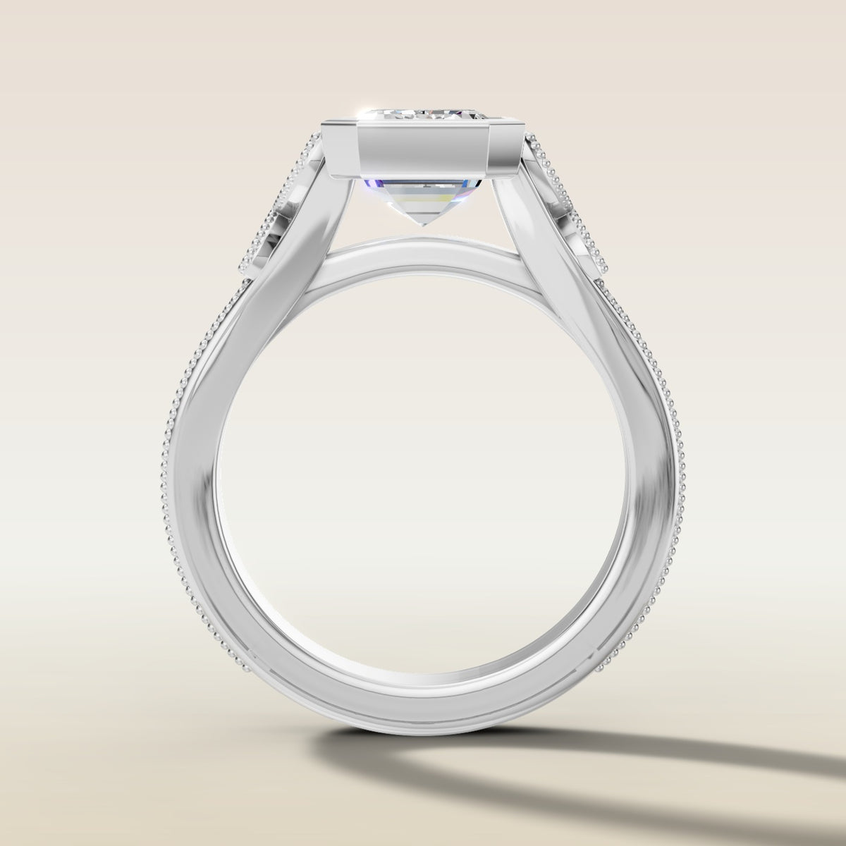 Emerald Full Bezel Floral Engraved engagement ring in white gold, front view