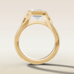 Emerald Full Bezel Floral Engraved engagement ring in yellow gold, front view