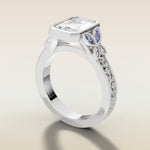Emerald Full Bezel Floral Engraved engagement ring in white gold, angled side view