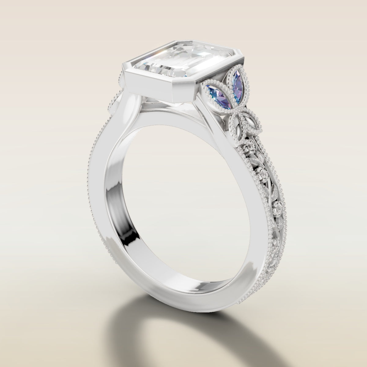 Emerald Full Bezel Floral Engraved engagement ring in white gold, angled side view
