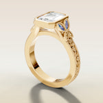 Emerald Full Bezel Floral Engraved engagement ring in yellow gold, angled side view