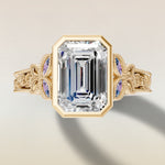 Emerald Full Bezel Floral Engraved engagement ring in yellow gold, top view