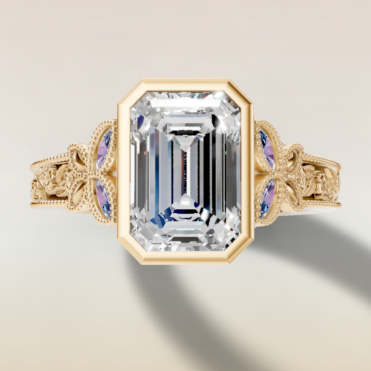 Emerald Full Bezel Floral Engraved engagement ring in yellow gold, top view