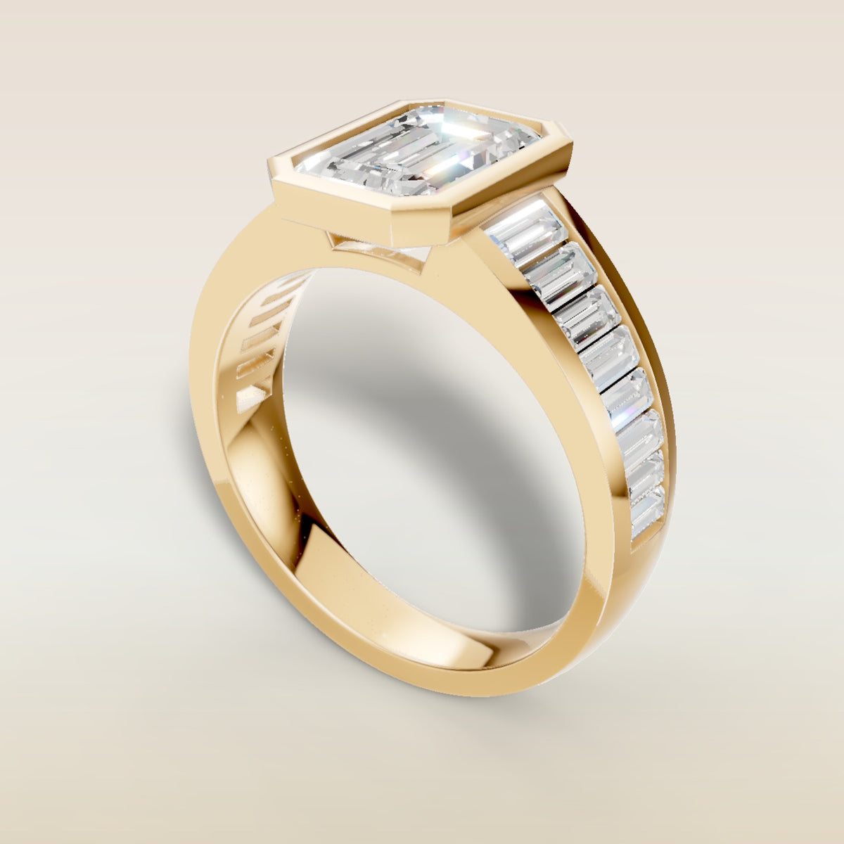 Emerald Full Bezel Low Profile engagement ring in yellow gold, back angle