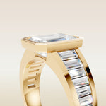 Emerald Full Bezel Low Profile engagement ring in yellow gold, basket close up