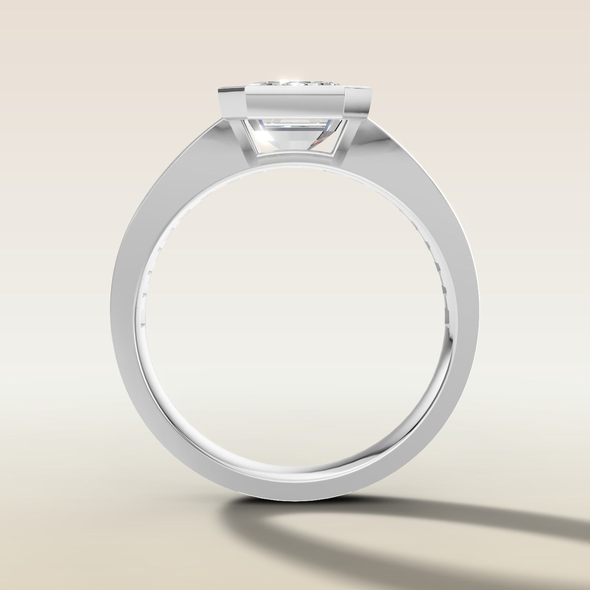 Emerald Full Bezel Low Profile engagement ring in white gold, front view