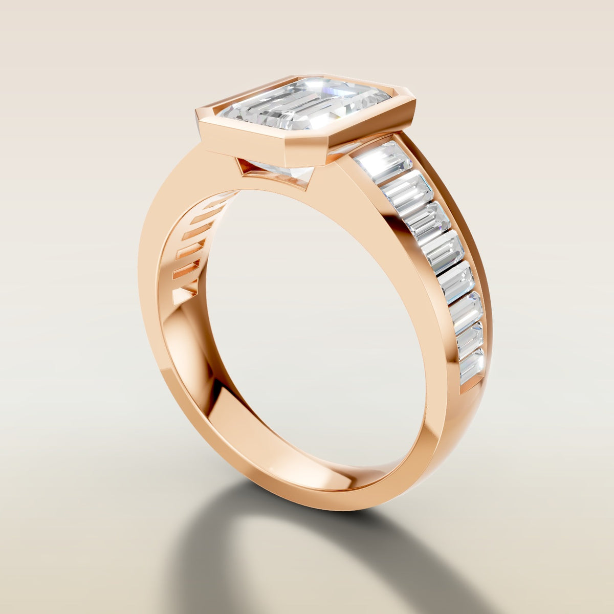 Emerald Full Bezel Low Profile engagement ring in rose gold, angled side view