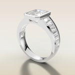 Emerald Full Bezel Low Profile engagement ring in white gold, angled side view
