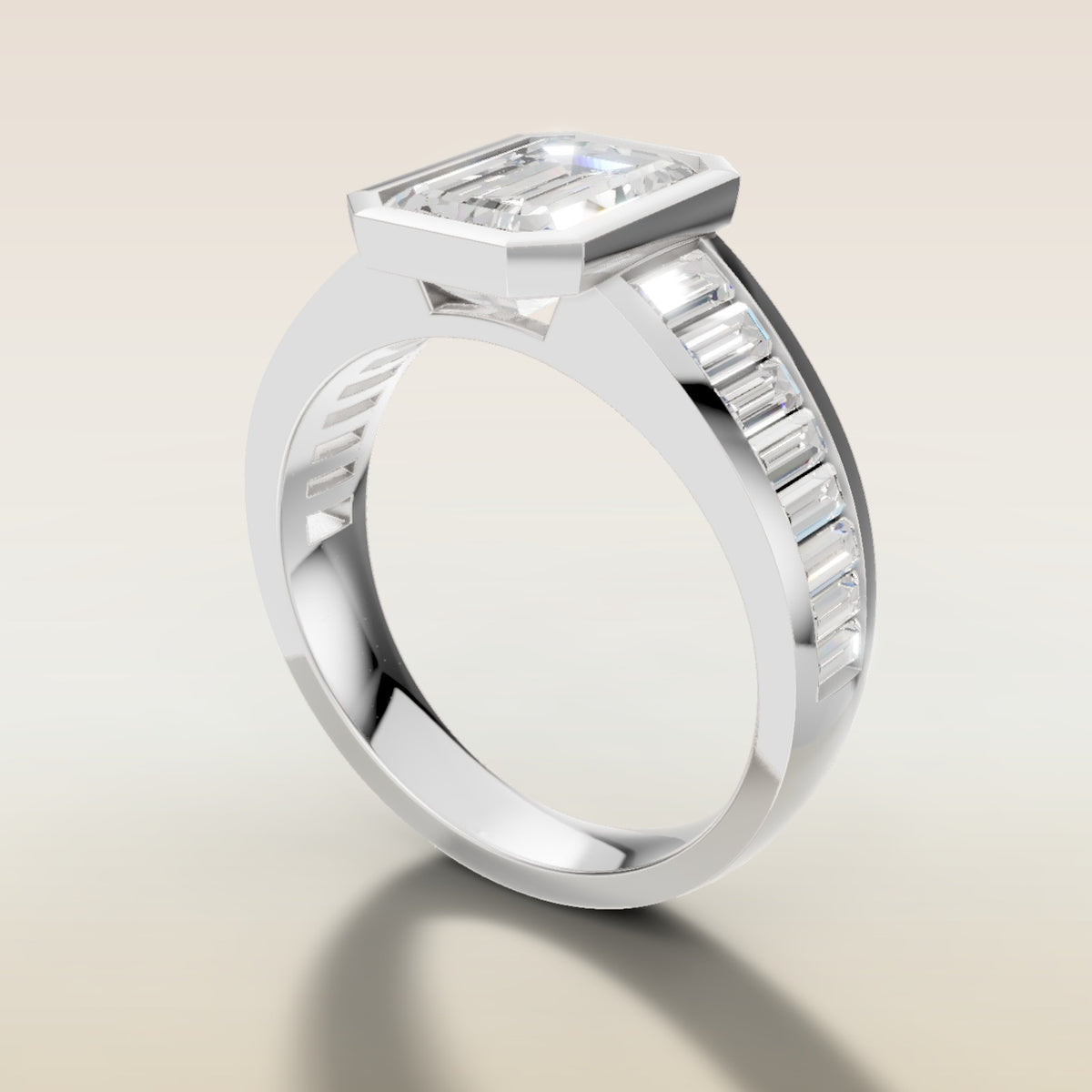 Emerald Full Bezel Low Profile engagement ring in white gold, angled side view