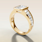 Emerald Full Bezel Low Profile engagement ring in yellow gold, angled side view