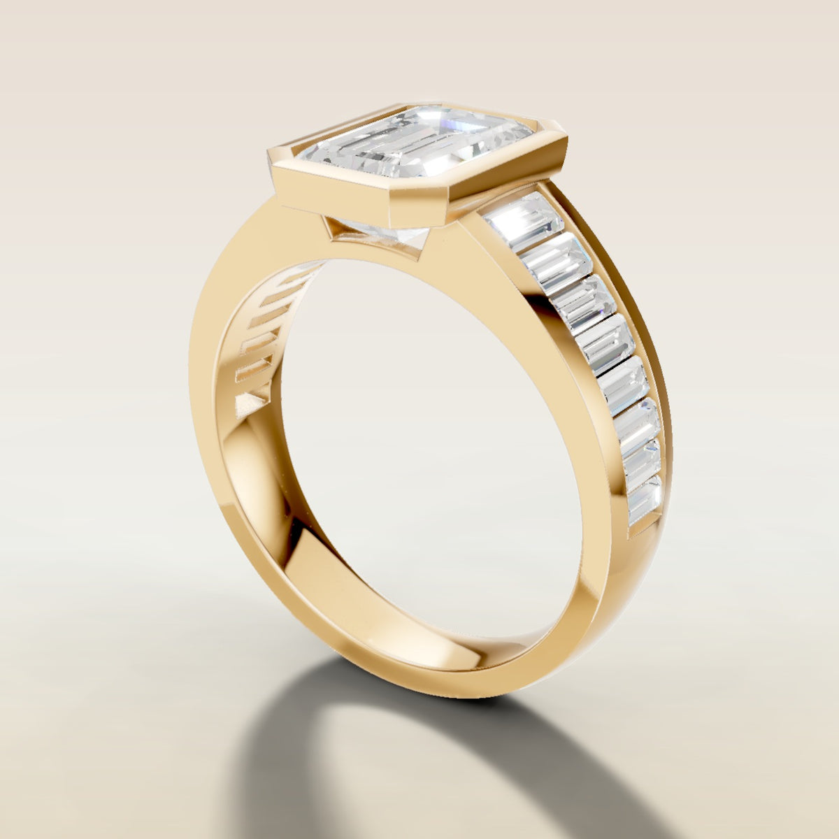 Emerald Full Bezel Low Profile engagement ring in yellow gold, angled side view