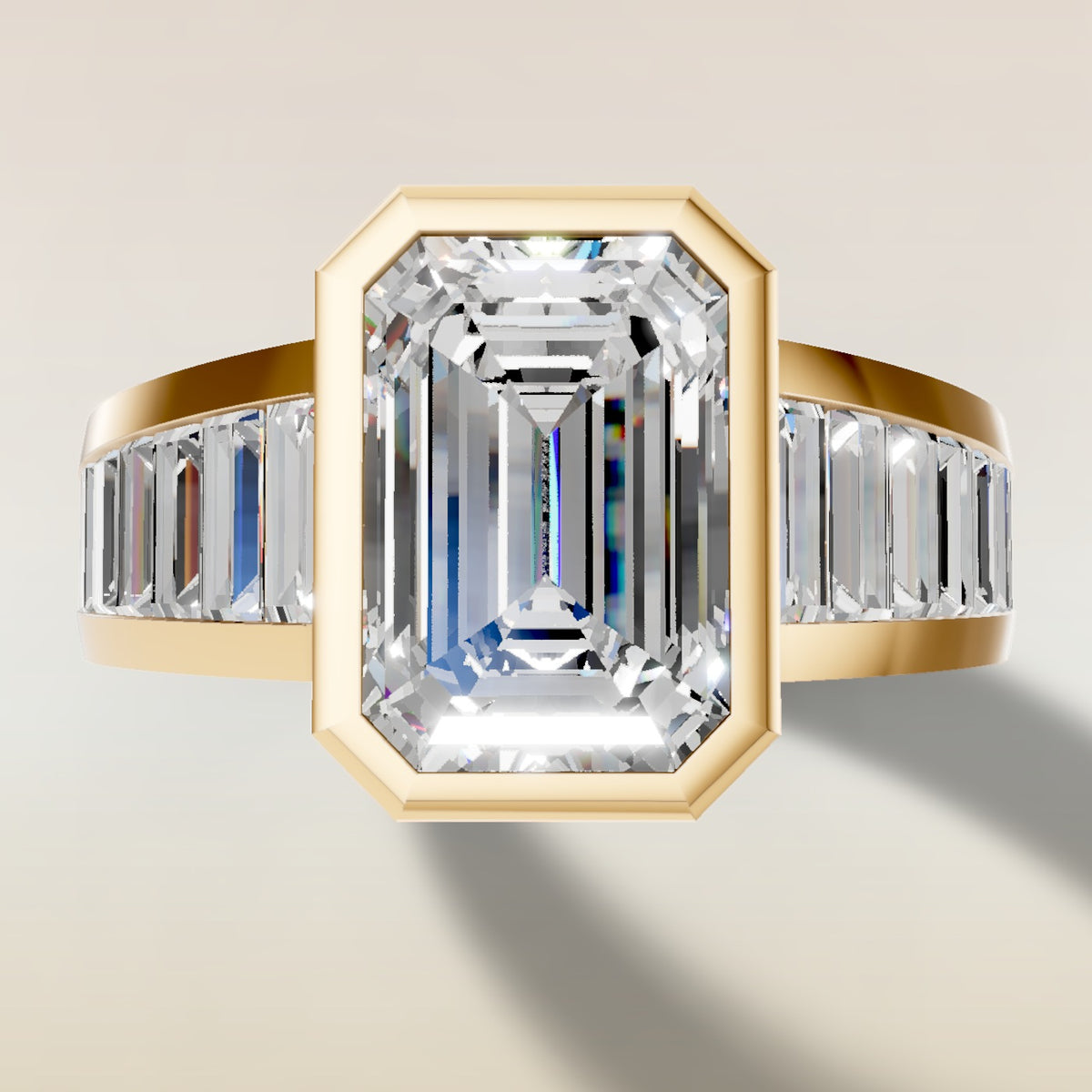 Emerald Full Bezel Low Profile engagement ring in yellow gold, top view