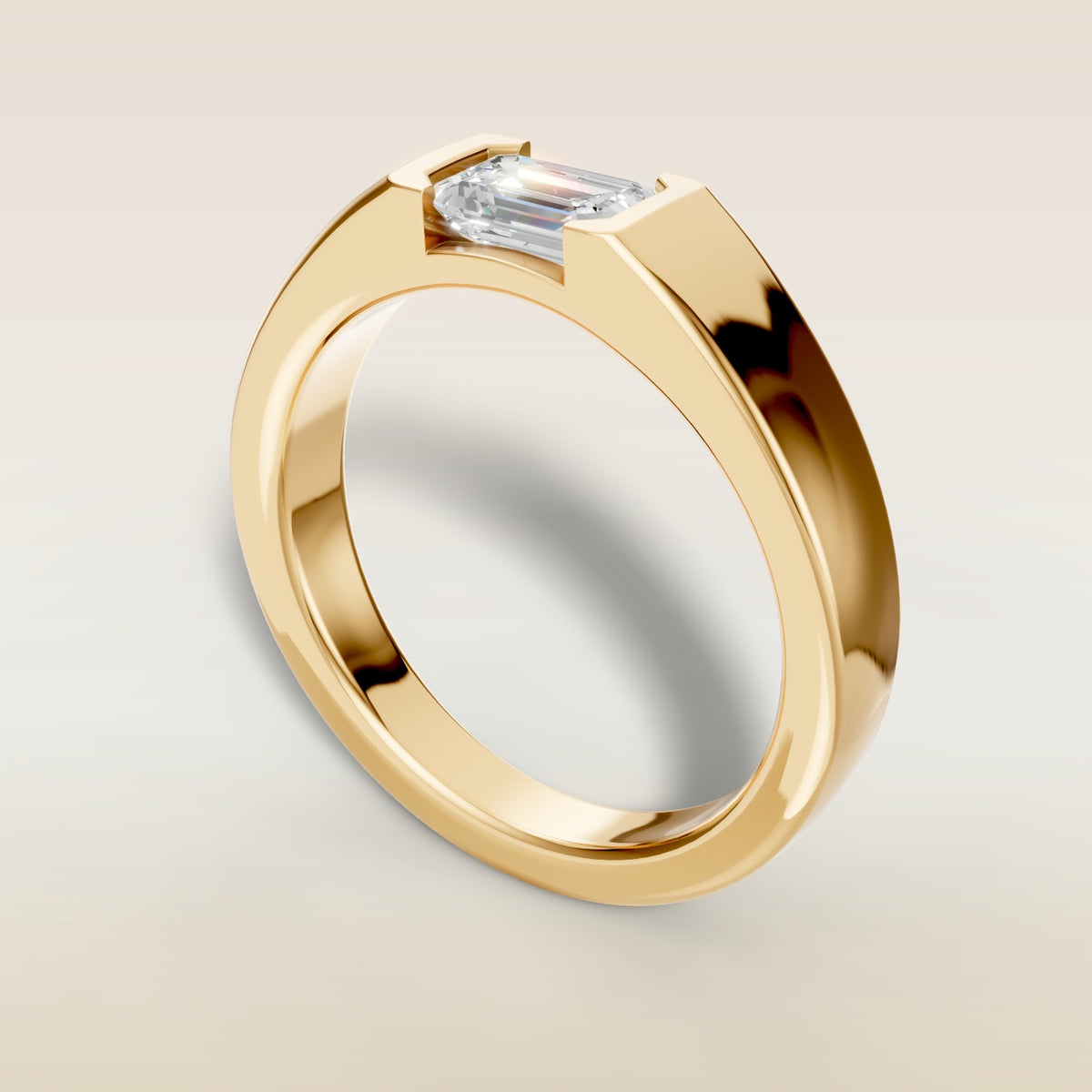 Emerald Half Bezel Low Profile engagement ring in gold, back angle