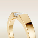 Emerald Half Bezel Low Profile engagement ring in gold, basket close up