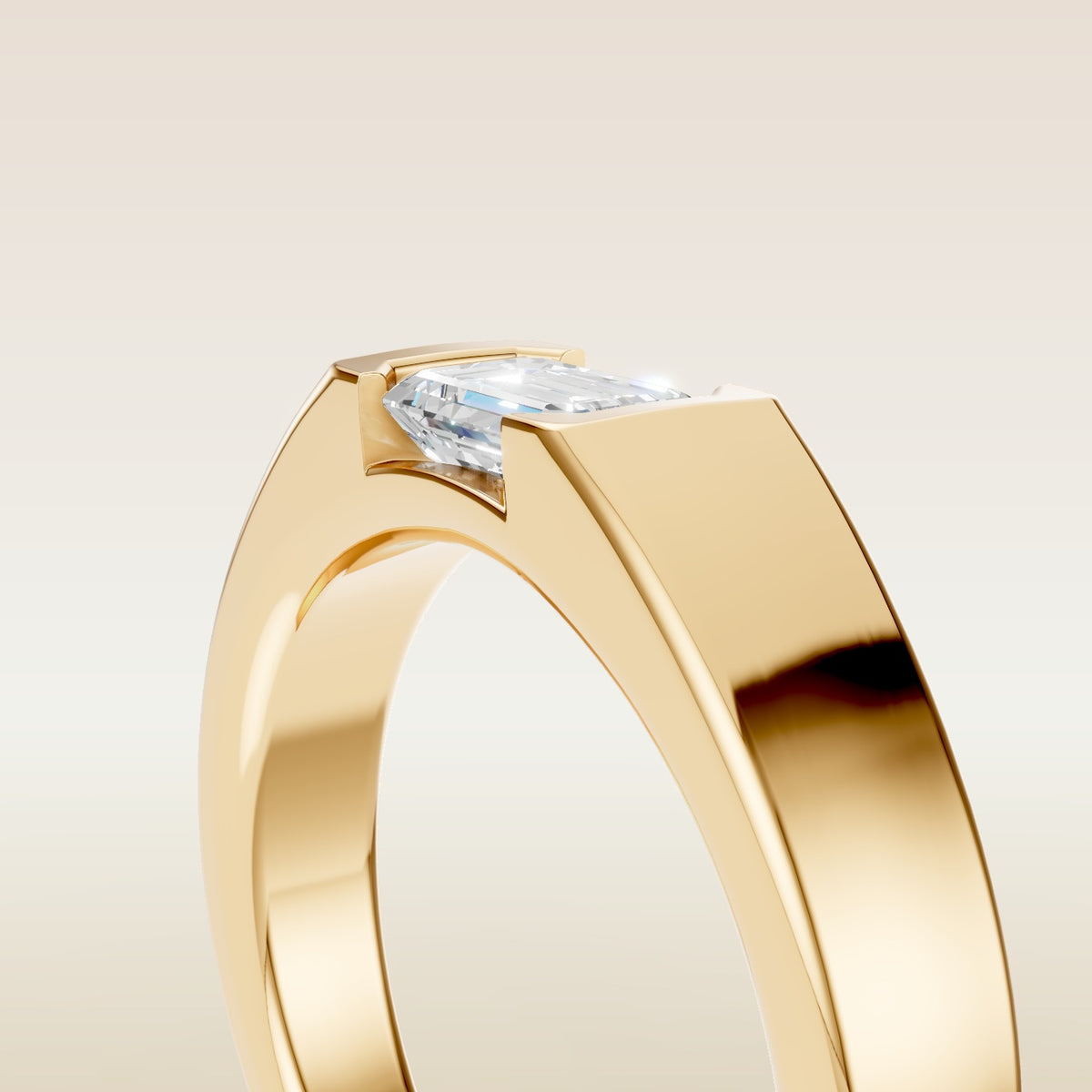 Emerald Half Bezel Low Profile engagement ring in gold, basket close up