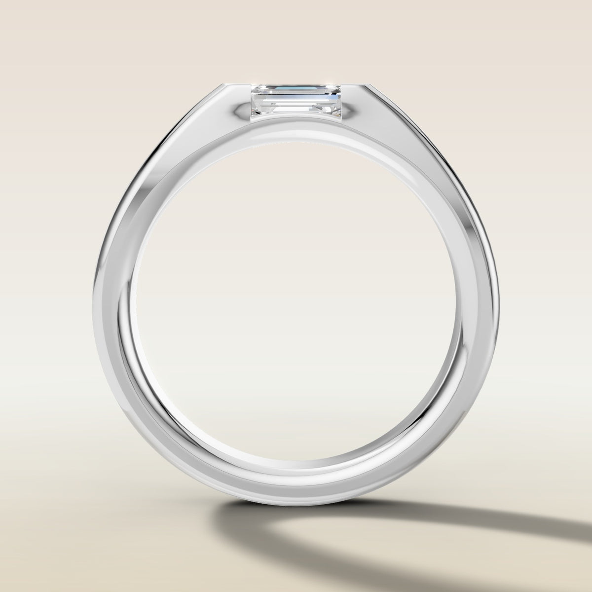 Emerald Half Bezel Low Profile engagement ring in white gold, front view