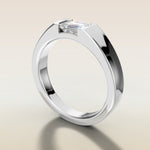 Emerald Half Bezel Low Profile engagement ring in white gold, angled side view