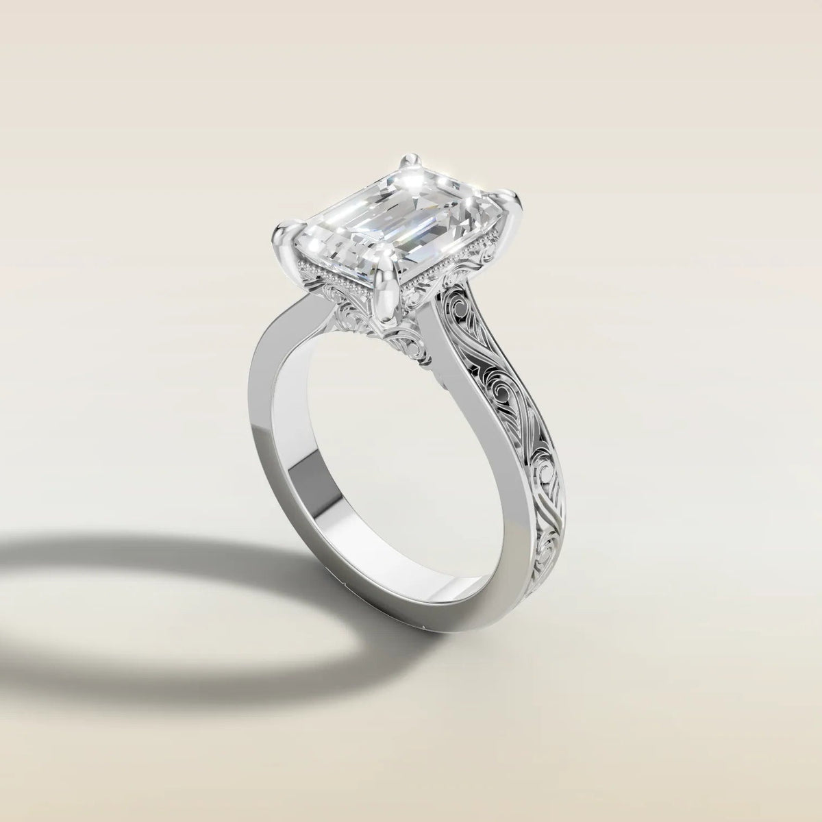Emerald Hand Engraved engagement ring in white gold, angled side view
