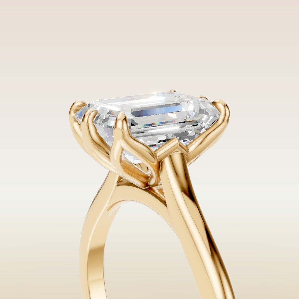 Emerald Six Petal Tulip engagement ring in yellow gold, basket close up