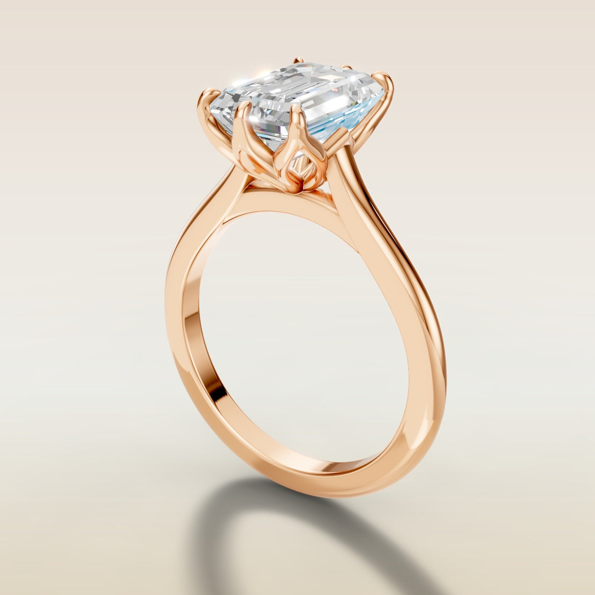 Emerald Six Petal Tulip engagement ring in rose gold, angled side view