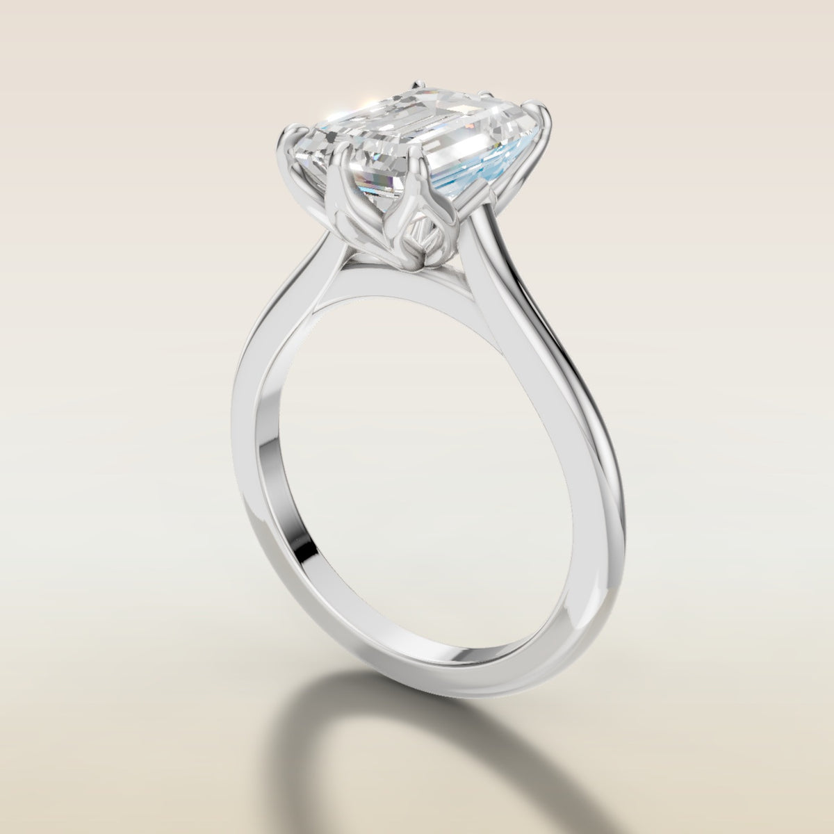 Emerald Six Petal Tulip engagement ring in white gold, angled side view